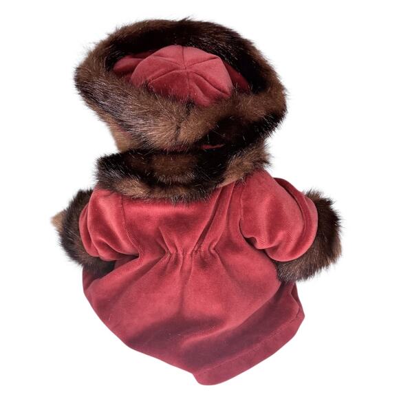 Jerry Elsner TEDDY BEAR 14” Faux Fur Coat Hat Burgundy Flower Heart Button Plush - Picture 5 of 6